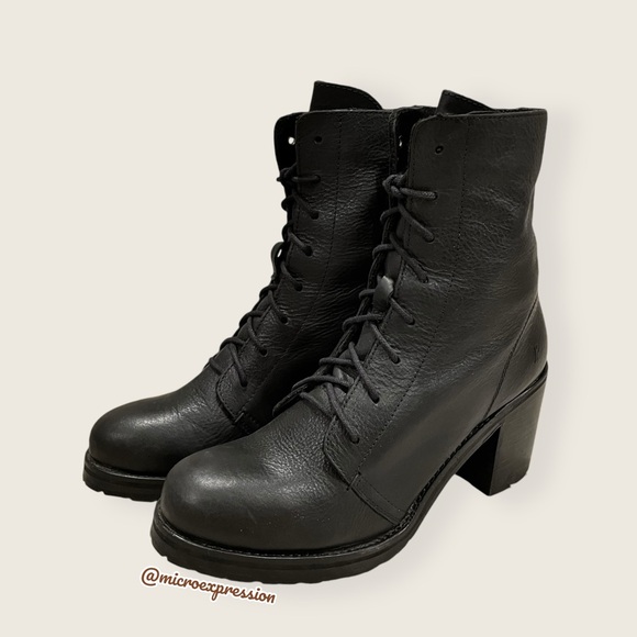 $429 Frye Karen Lace Up Black Leather Combat Short Chunky Heeled Moto Ankle Boot - Picture 11 of 15